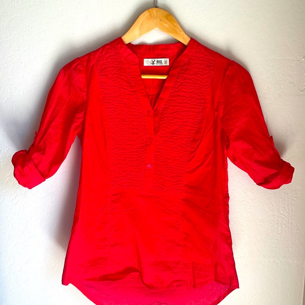 Red v neck top blouse with 3/4 rolled sleeves